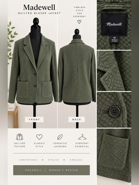 Madswell Olive Green Quilted Blazer Jacket – Women’s Medium